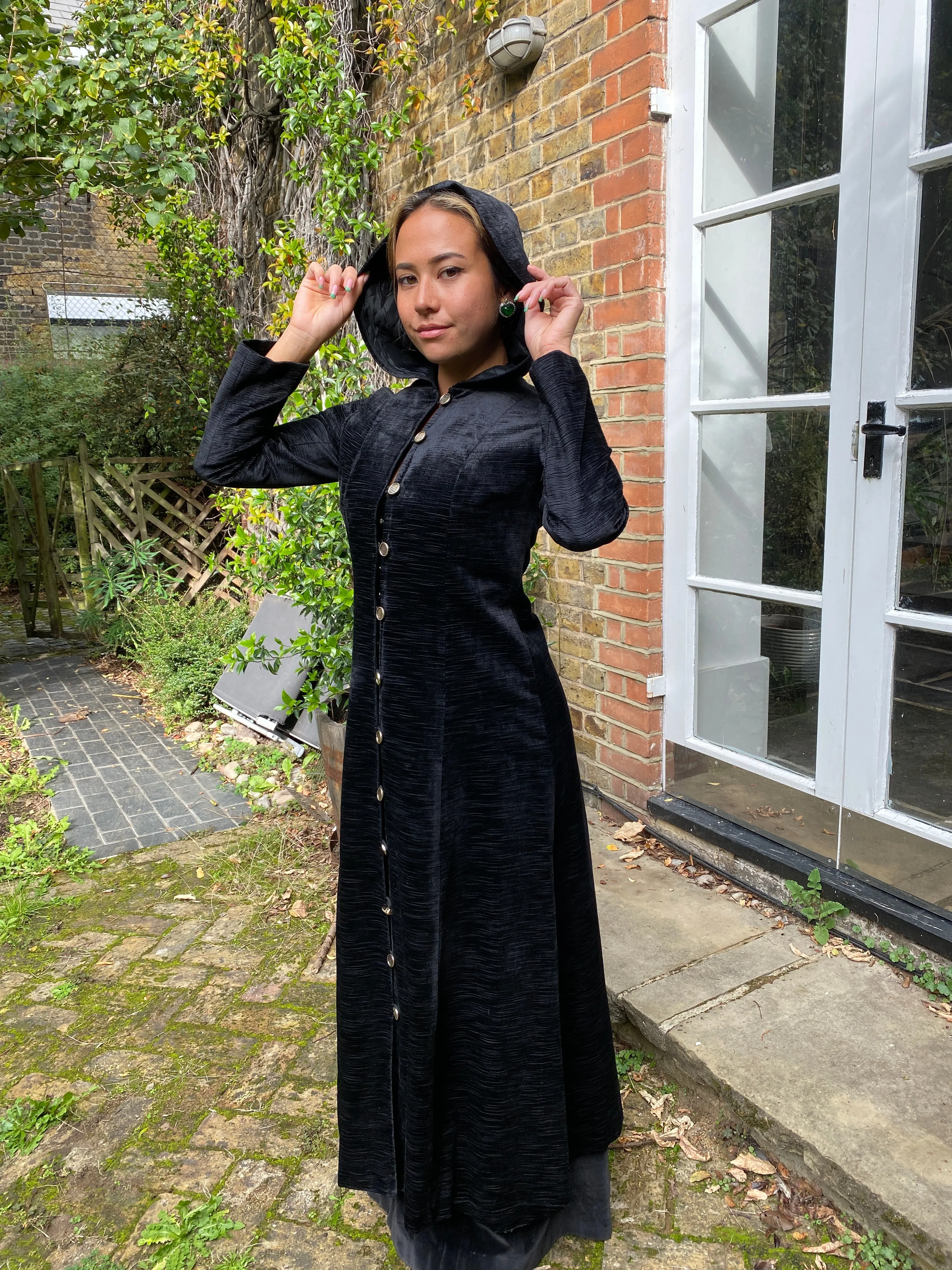 ARCHIVE - 1960s Jeff Banks Clobber Black Velvet Hooded Coat