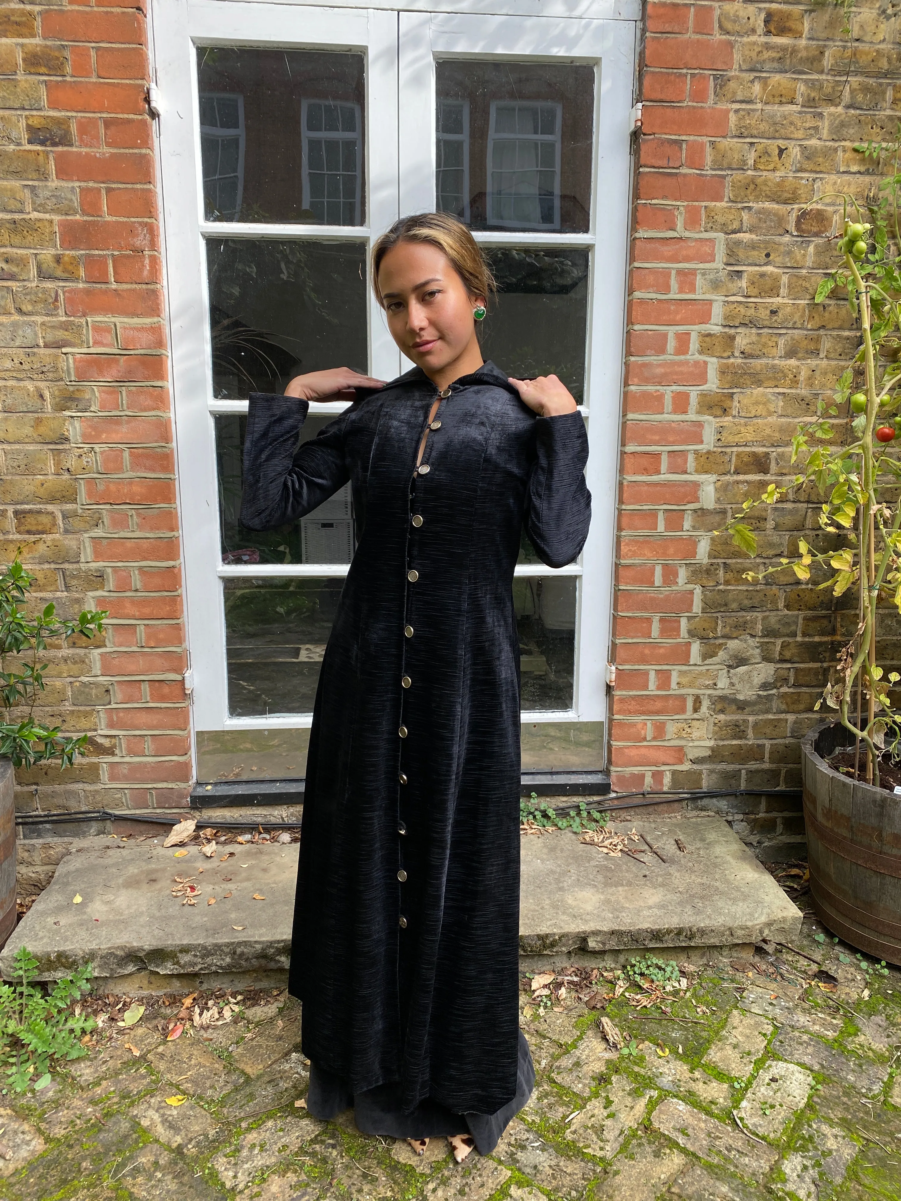 ARCHIVE - 1960s Jeff Banks Clobber Black Velvet Hooded Coat