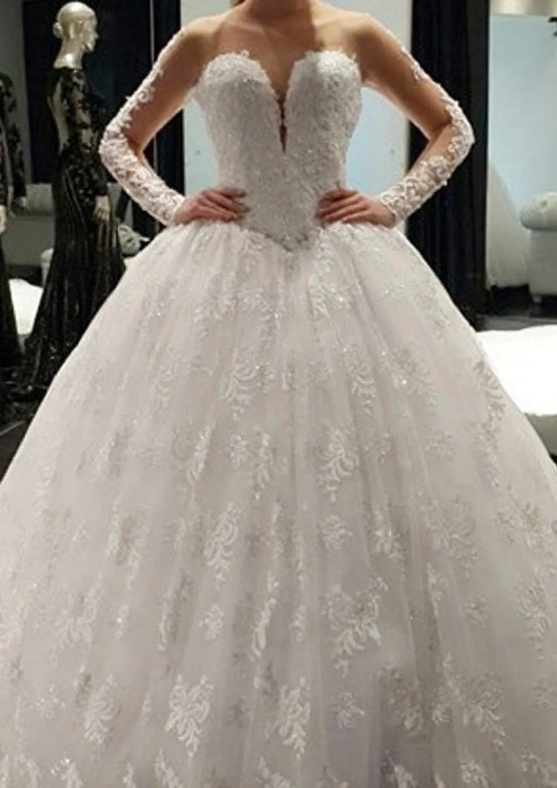 Ball Gown Lace Wedding Dress Illusion Bateau Long Sleeve Sweep