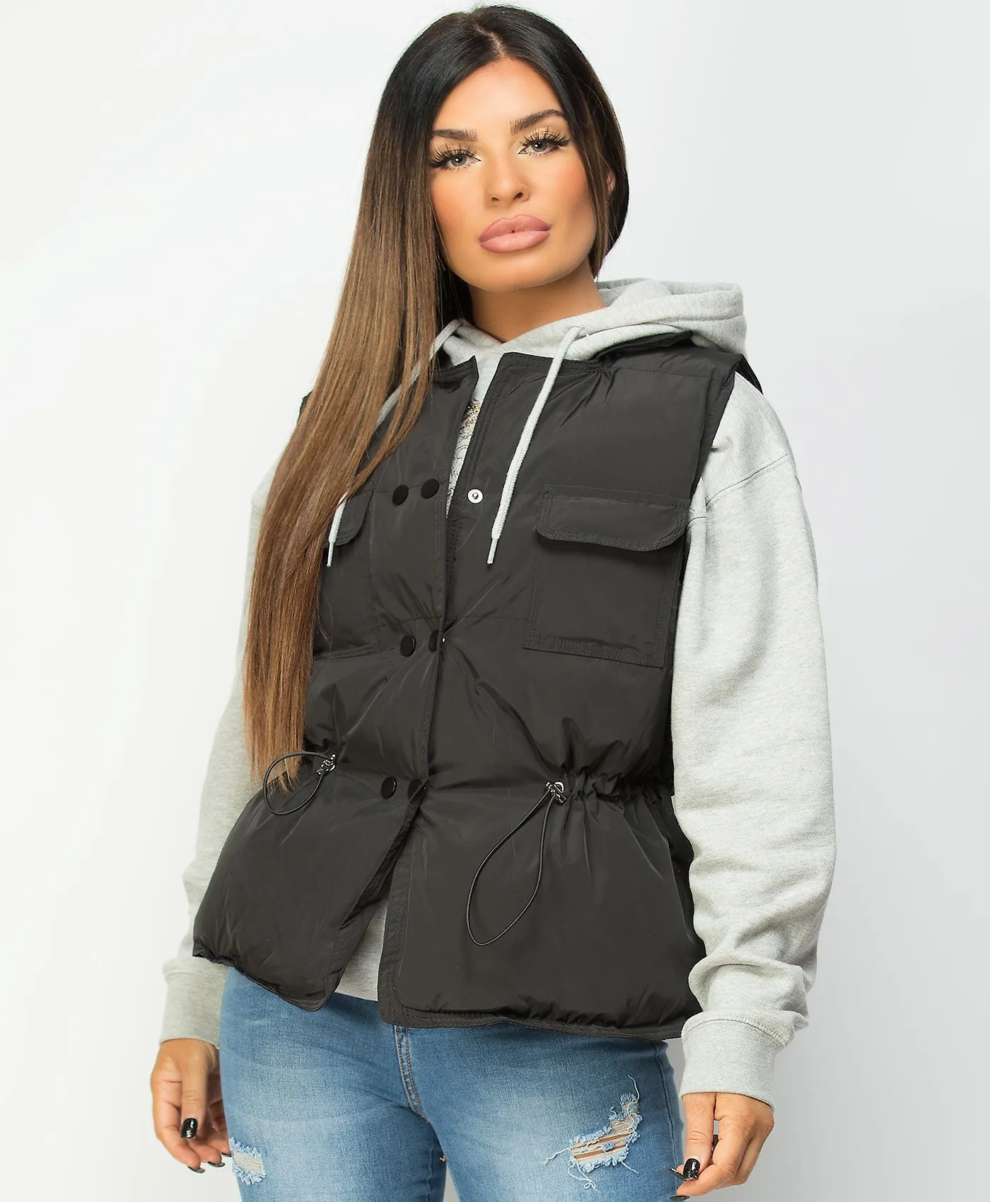 Black Drawstring Waist Quilted Gilet Bodywarmer