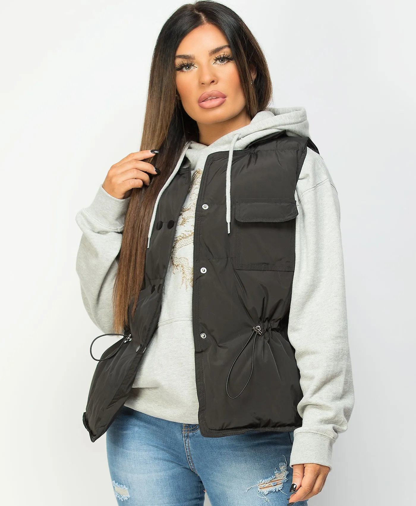 Black Drawstring Waist Quilted Gilet Bodywarmer