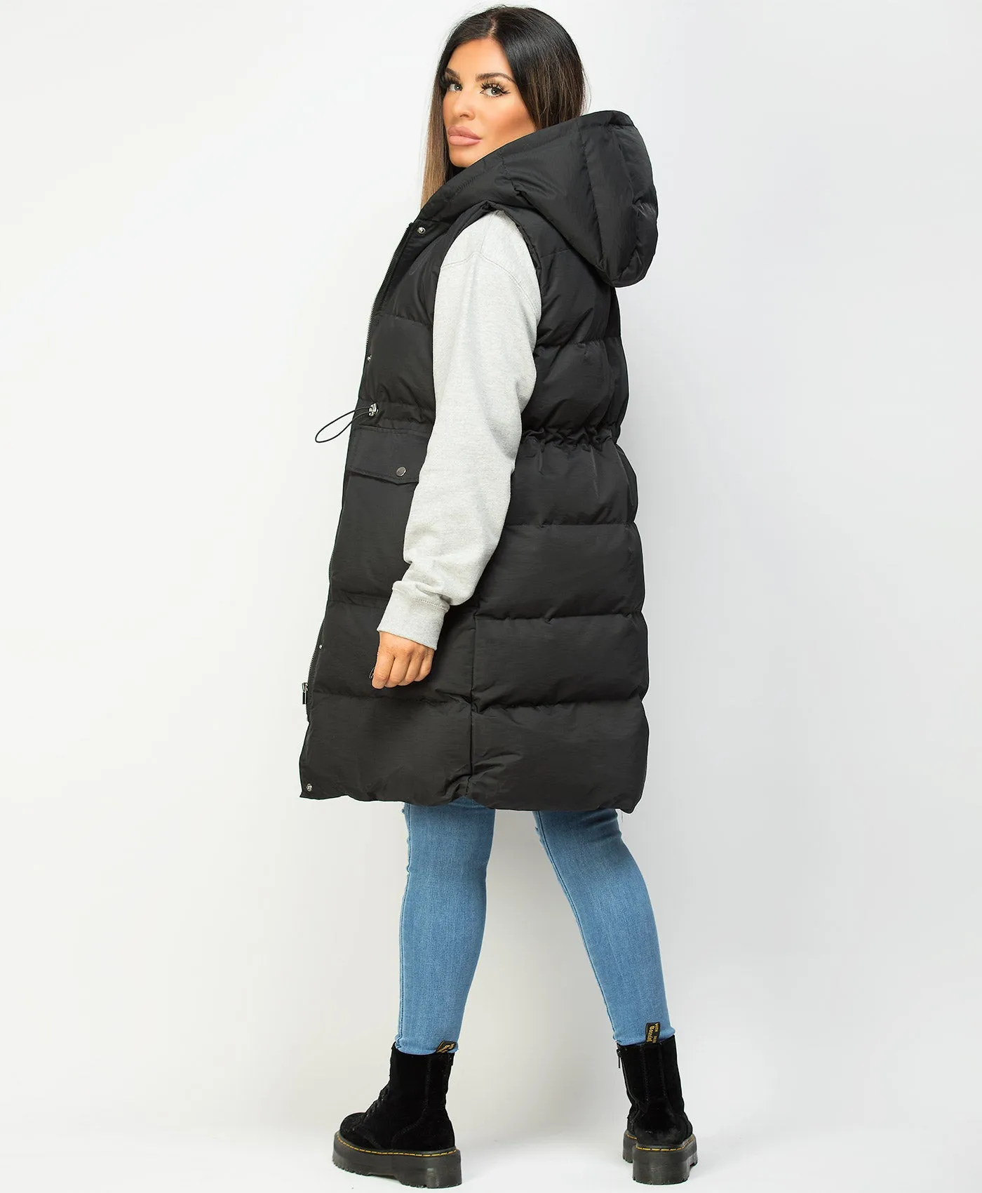 Black Hooded Drawstring Waist Quilted Long Gilet Bodywarmer
