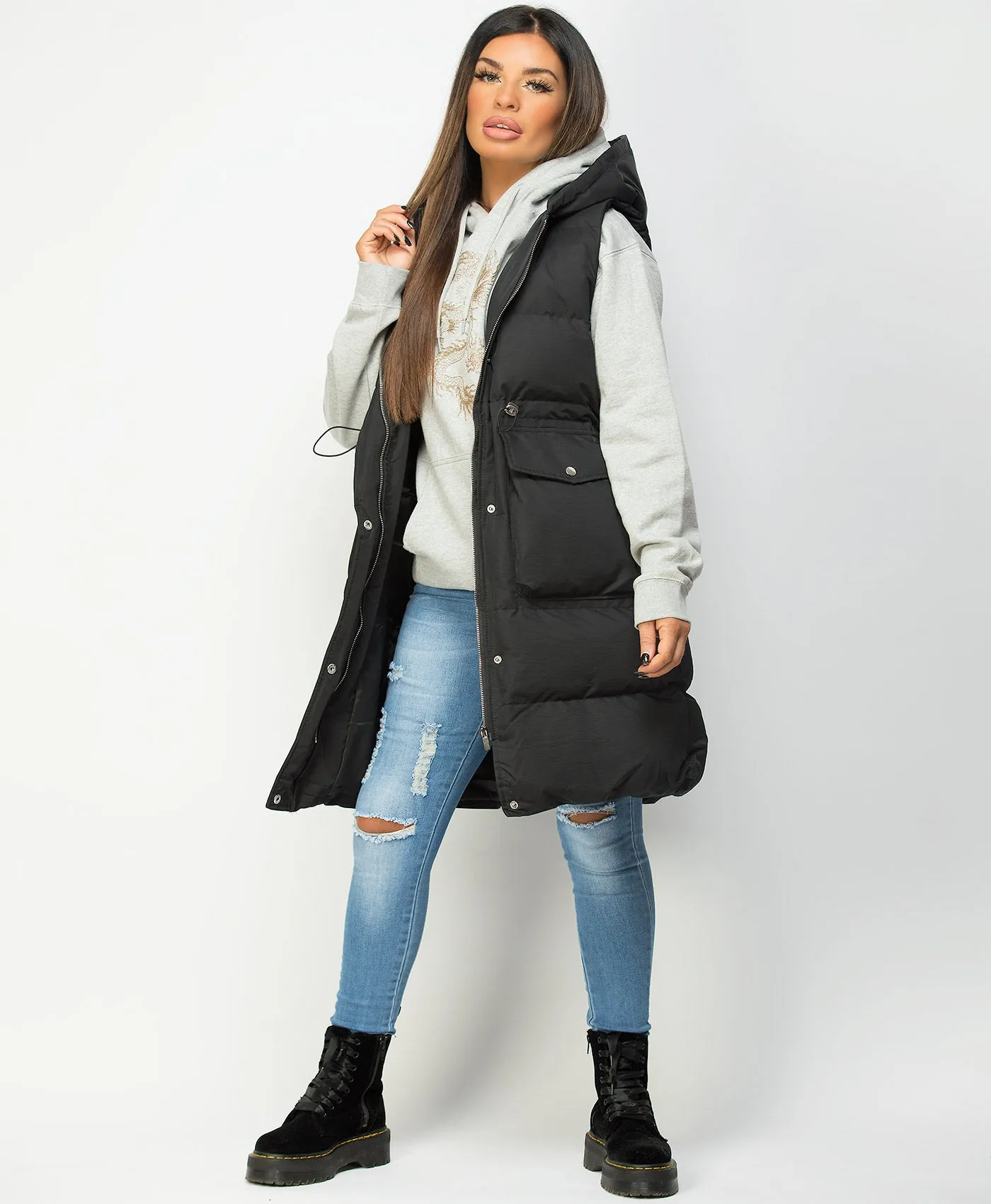 Black Hooded Drawstring Waist Quilted Long Gilet Bodywarmer