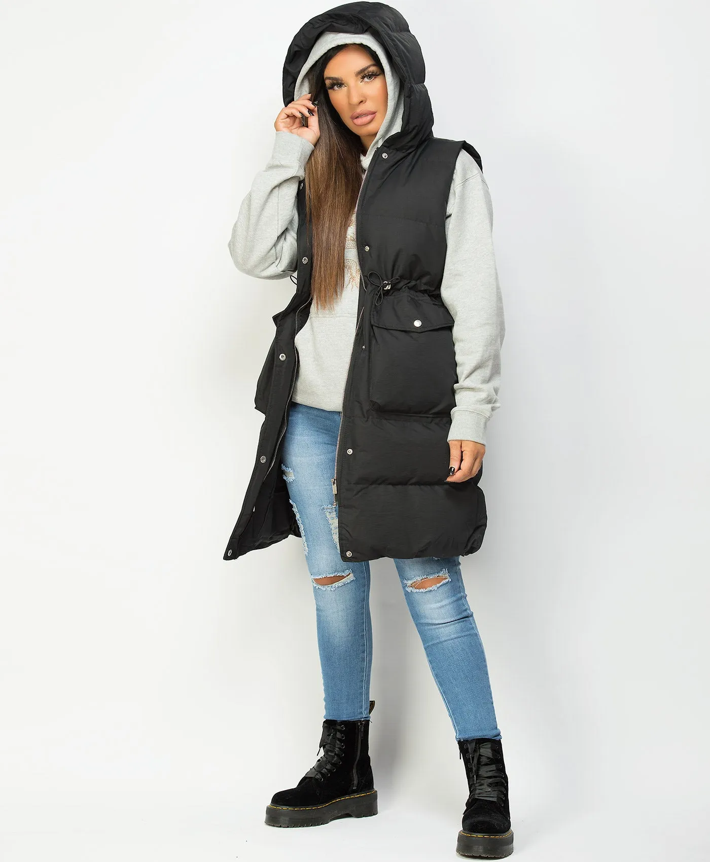Black Hooded Drawstring Waist Quilted Long Gilet Bodywarmer
