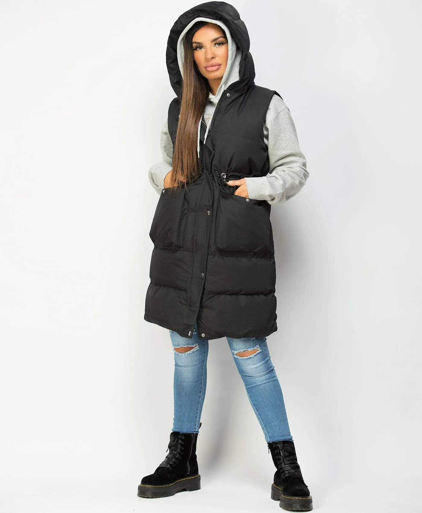 Black Hooded Drawstring Waist Quilted Long Gilet Bodywarmer