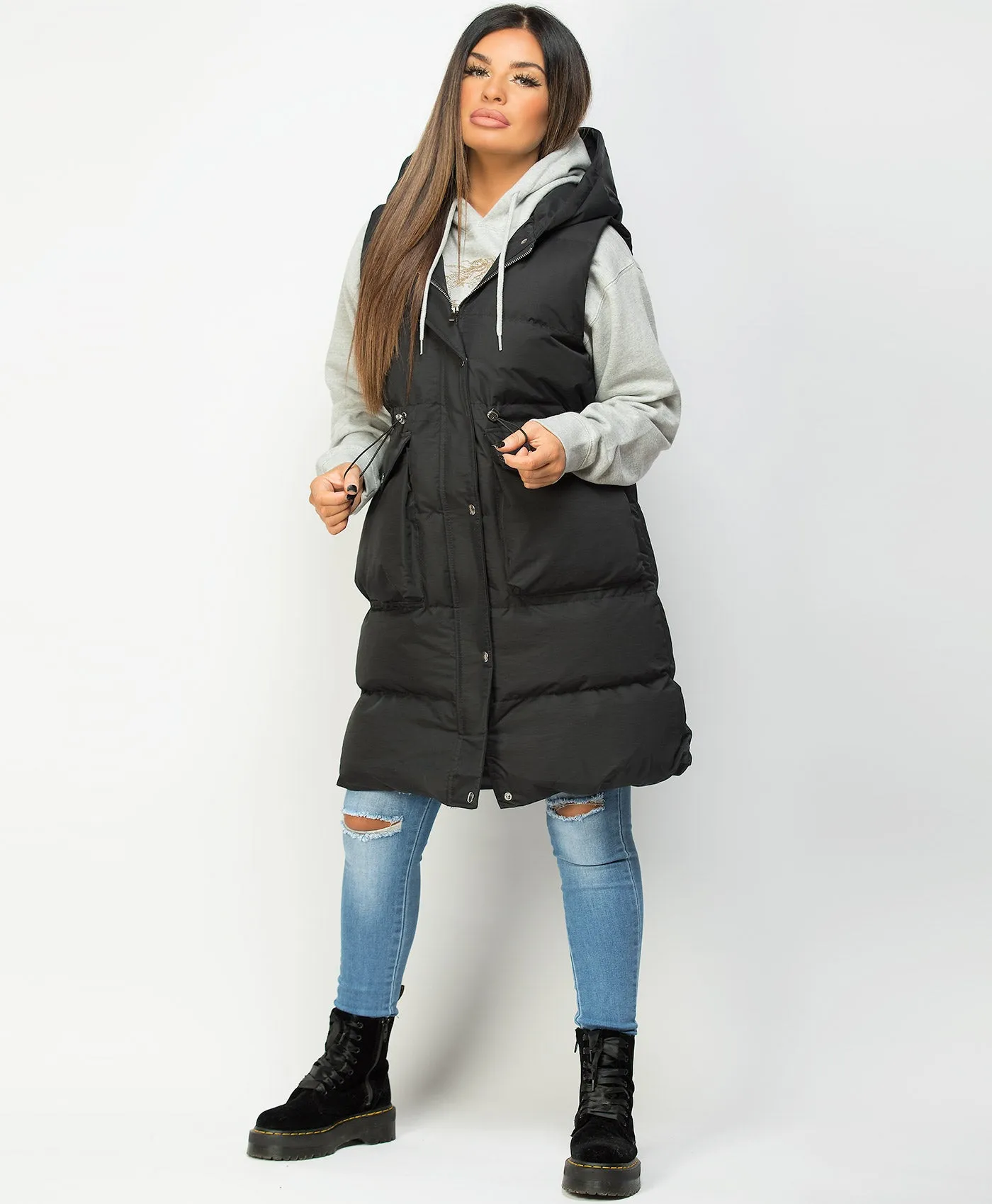 Black Hooded Drawstring Waist Quilted Long Gilet Bodywarmer