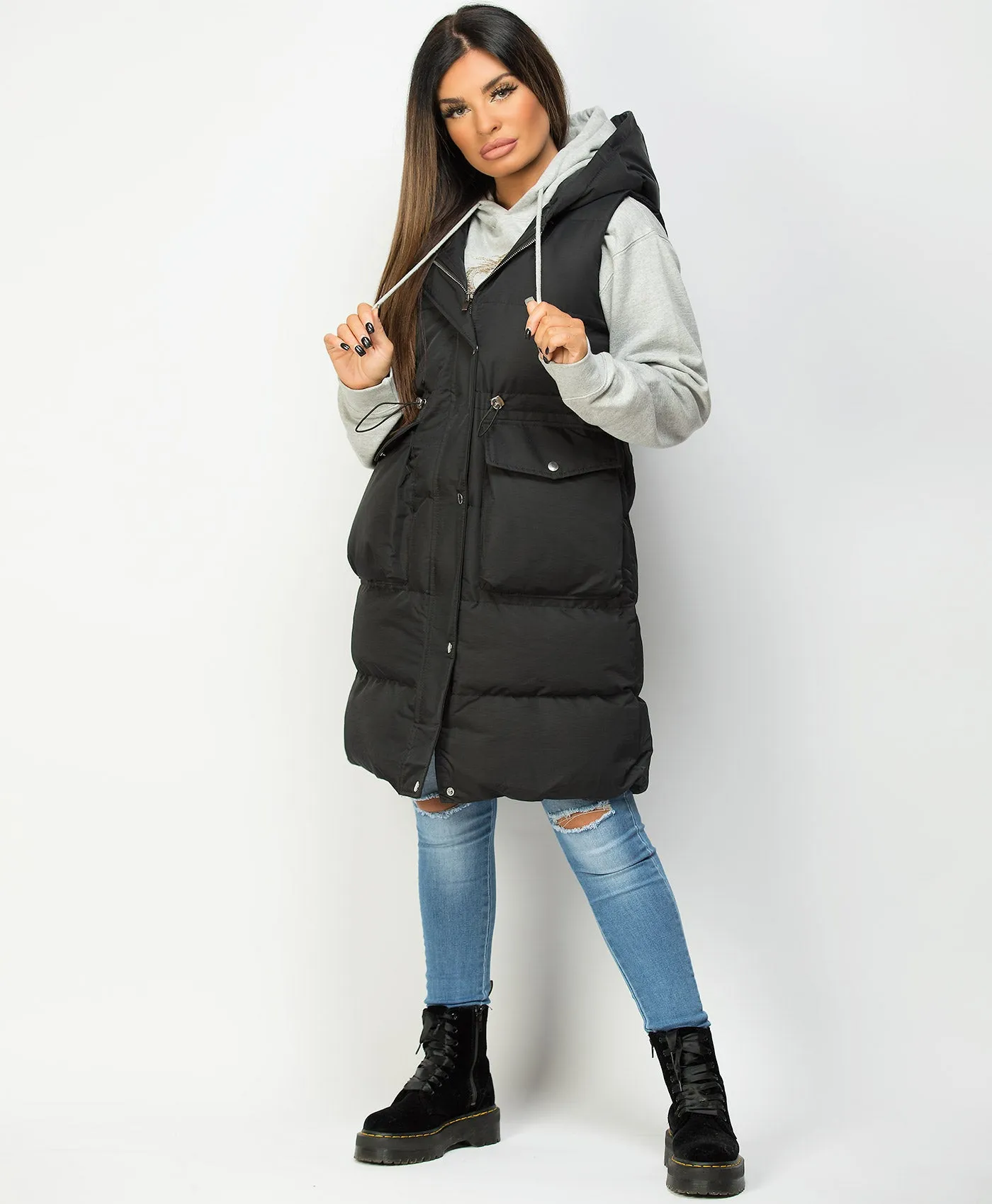 Black Hooded Drawstring Waist Quilted Long Gilet Bodywarmer
