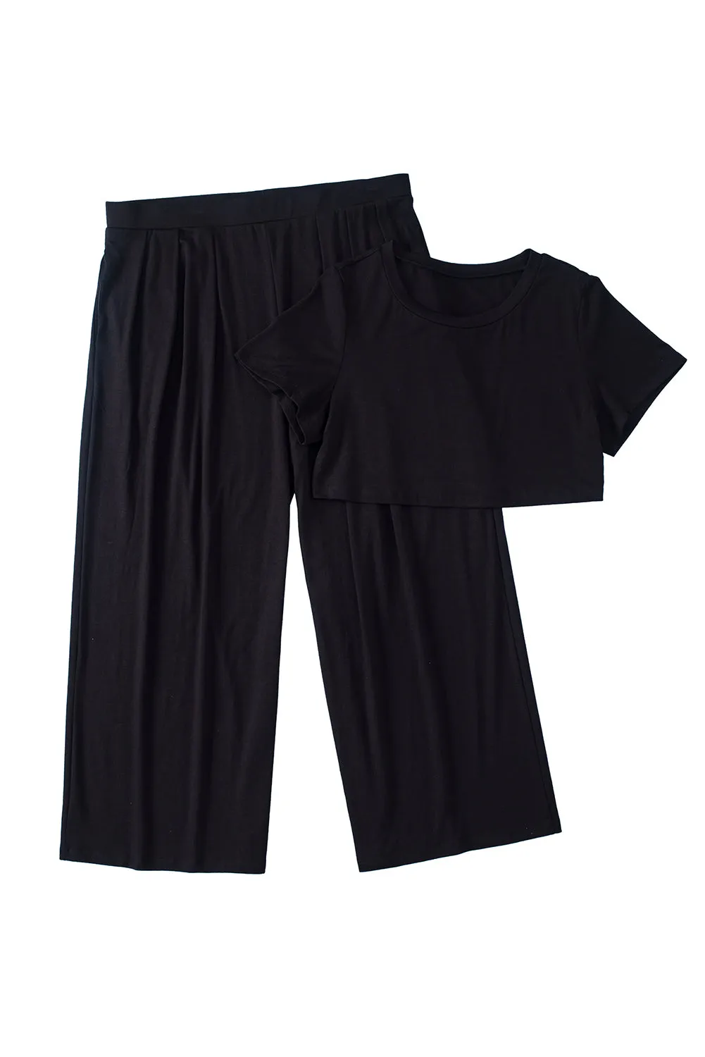 Black Plus Size Crop T-Shirt and Pleated Wide Leg Pants Set