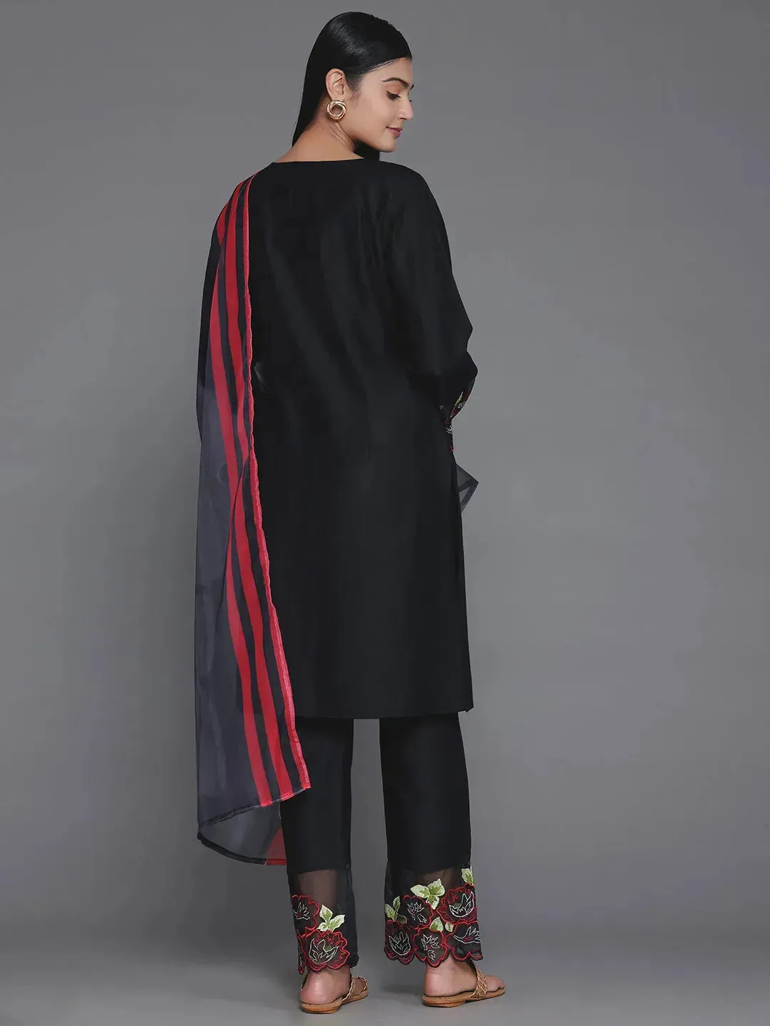Black Solid Silk Blend Straight Suit With Dupatta
