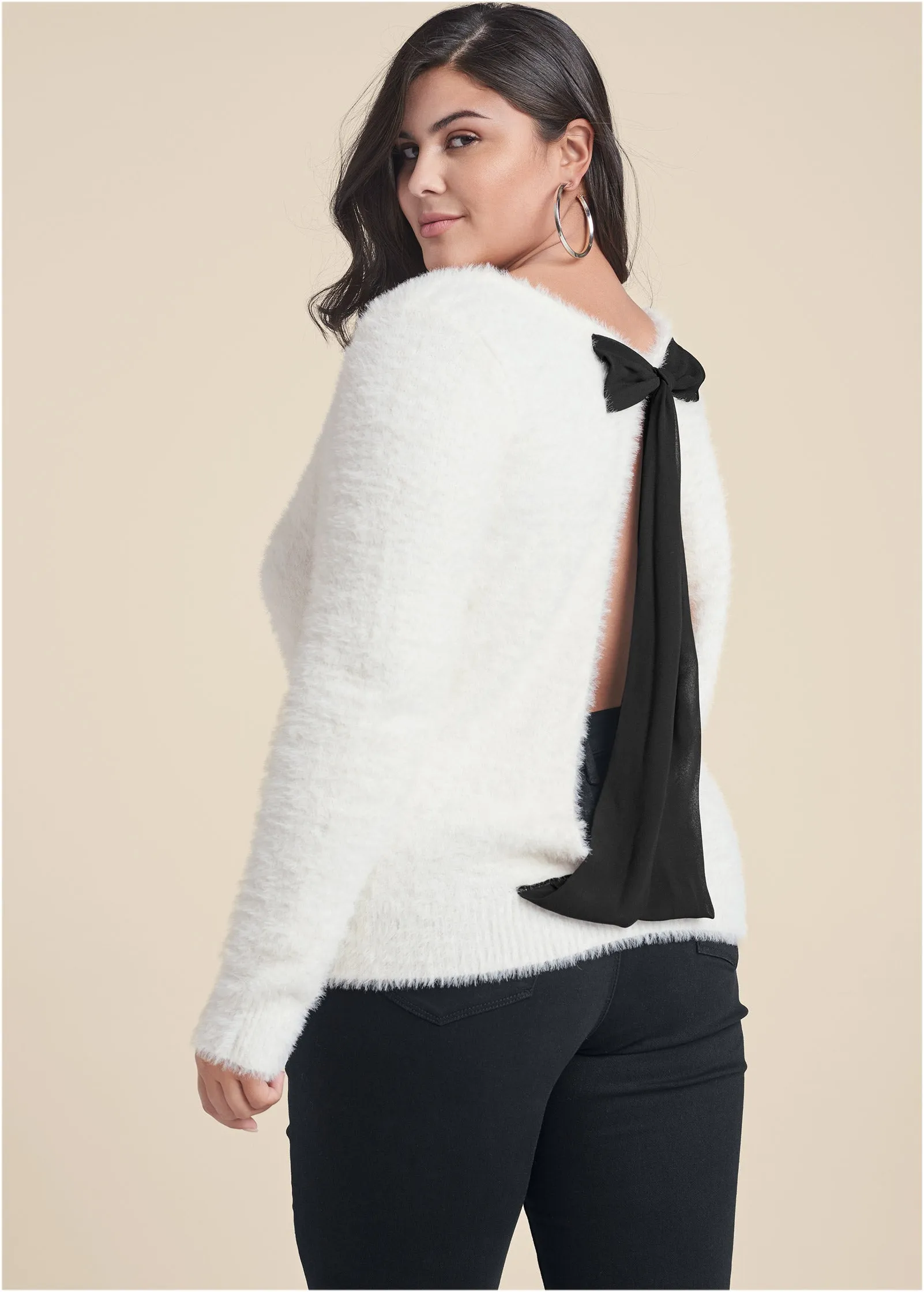 Bow Detail Open Back Sweater - Off White