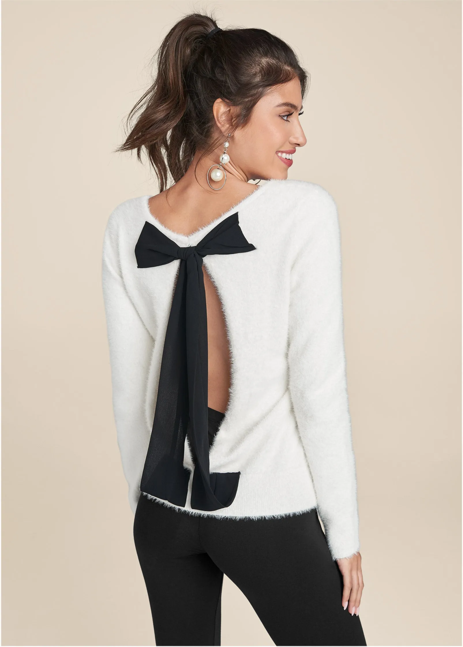 Bow Detail Open Back Sweater - Off White