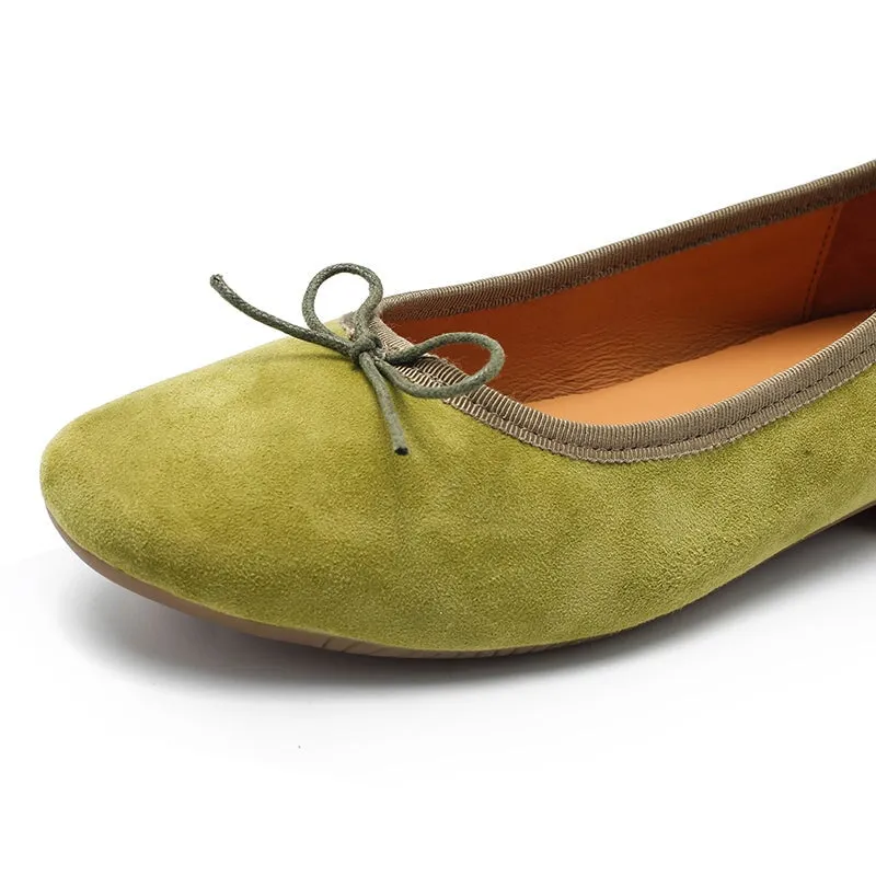 Bow-Detail Round Toe Suede Sheepskin Ballerina Shoes in Green/Pink/Khaki/Apricot/Yellow
