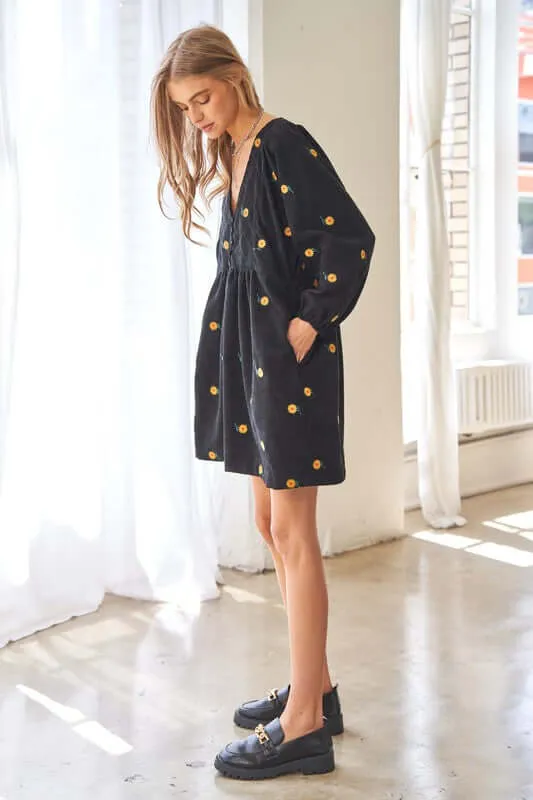 Corduroy Fabric Quilted Henley Mini Dress