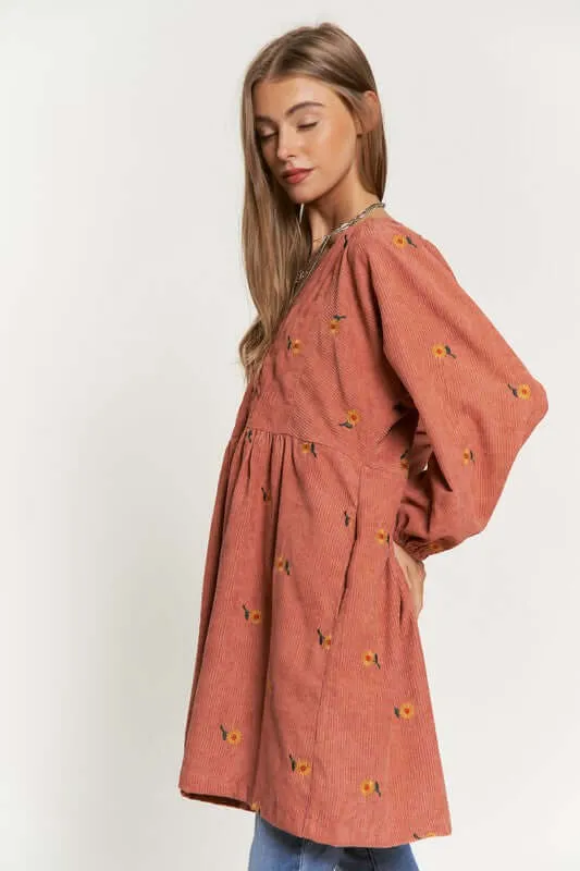 Corduroy Fabric Quilted Henley Mini Dress
