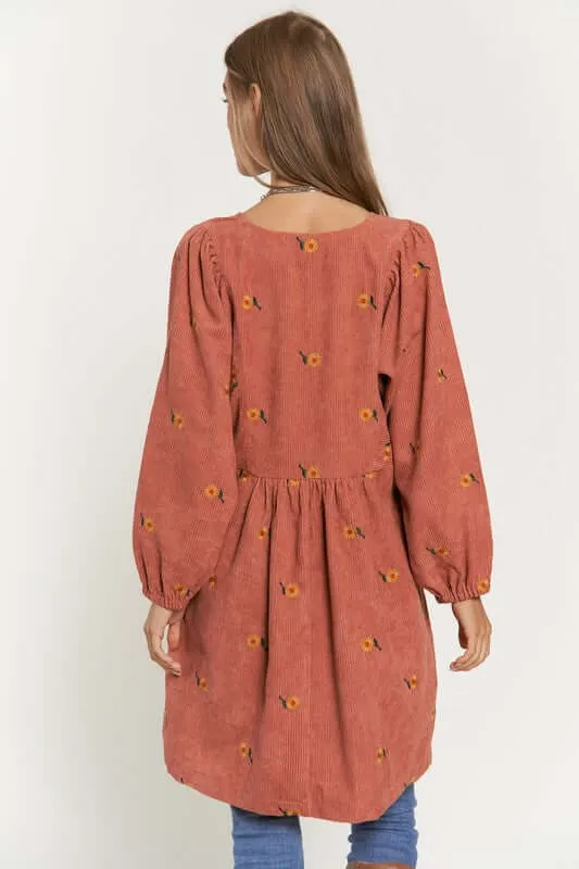 Corduroy Fabric Quilted Henley Mini Dress