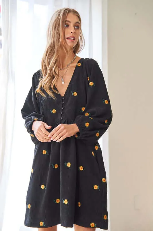 Corduroy Fabric Quilted Henley Mini Dress