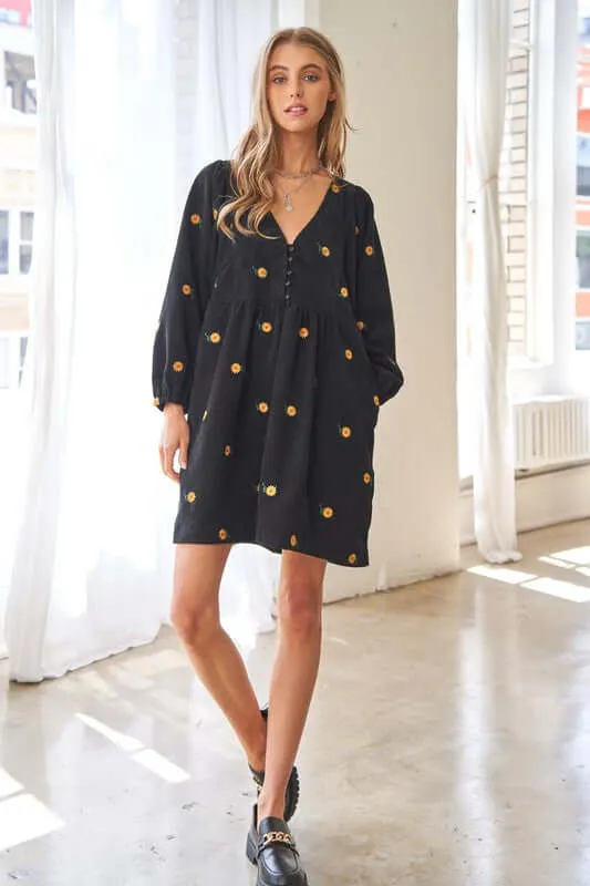 Corduroy Fabric Quilted Henley Mini Dress