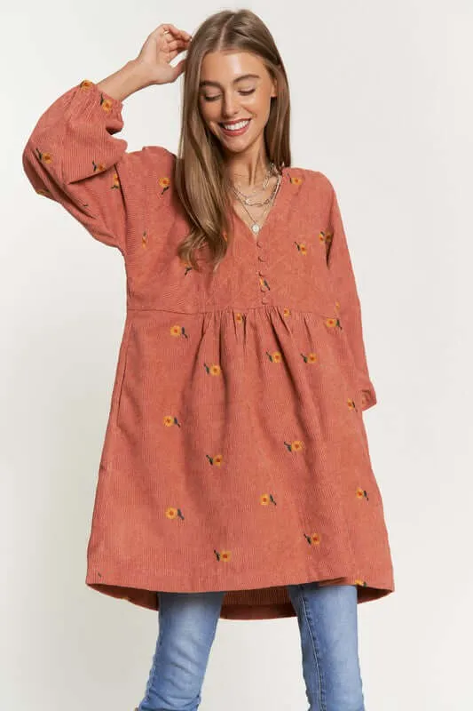 Corduroy Fabric Quilted Henley Mini Dress