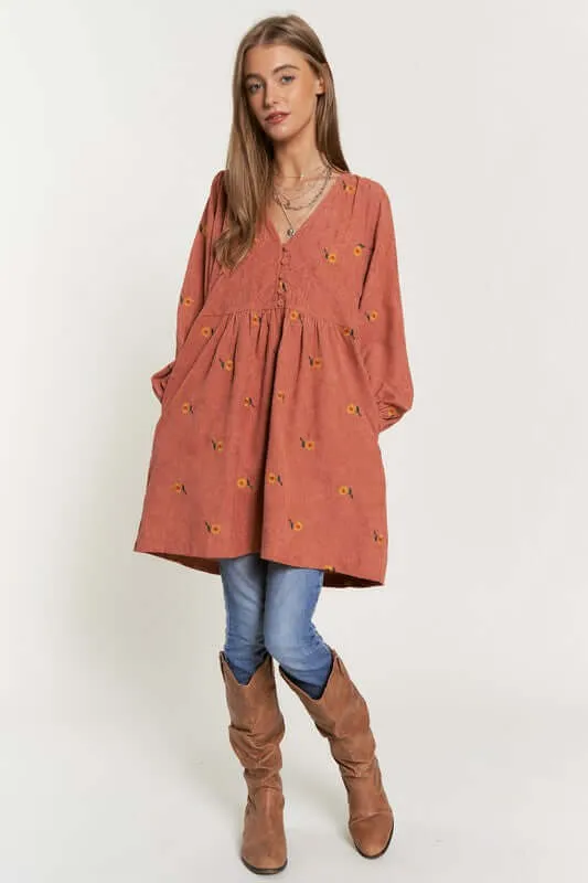 Corduroy Fabric Quilted Henley Mini Dress