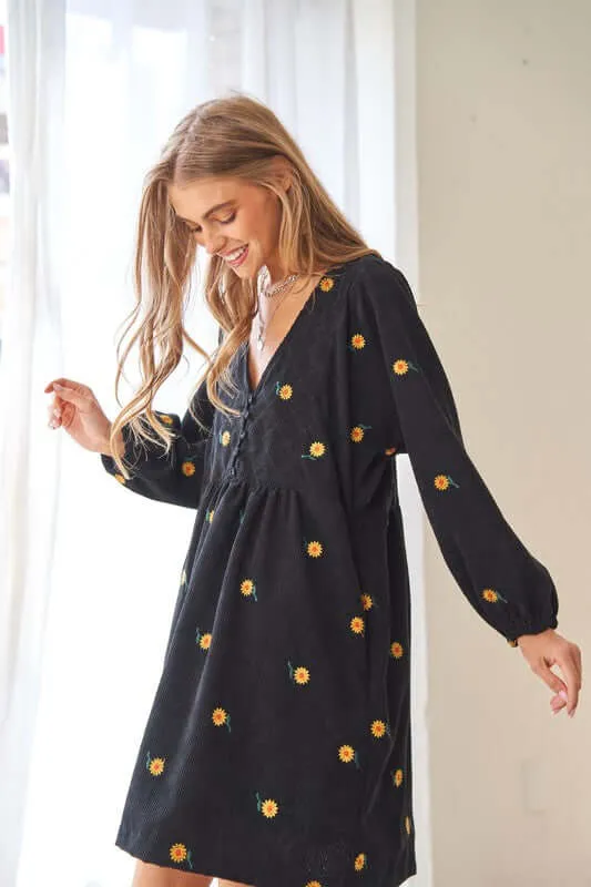 Corduroy Fabric Quilted Henley Mini Dress