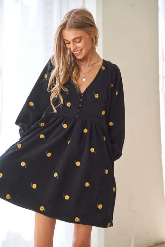 Corduroy Fabric Quilted Henley Mini Dress
