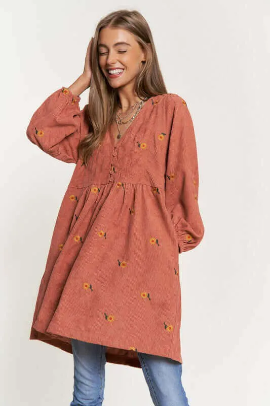 Corduroy Fabric Quilted Henley Mini Dress