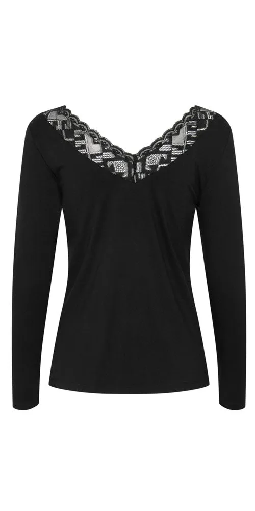Cream Lace Trimmed Long Sleeve Top, black