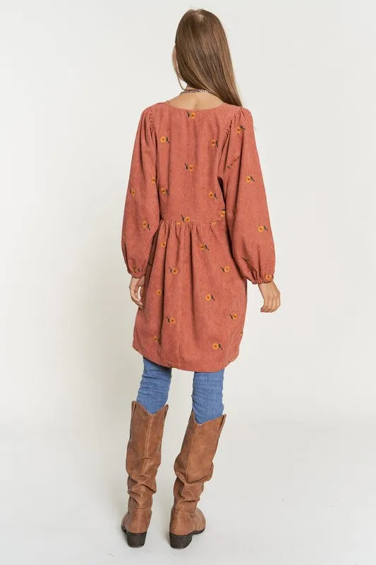 Davi & Dani Corduroy Fabric Quilted Bib Henley style Mini Dress