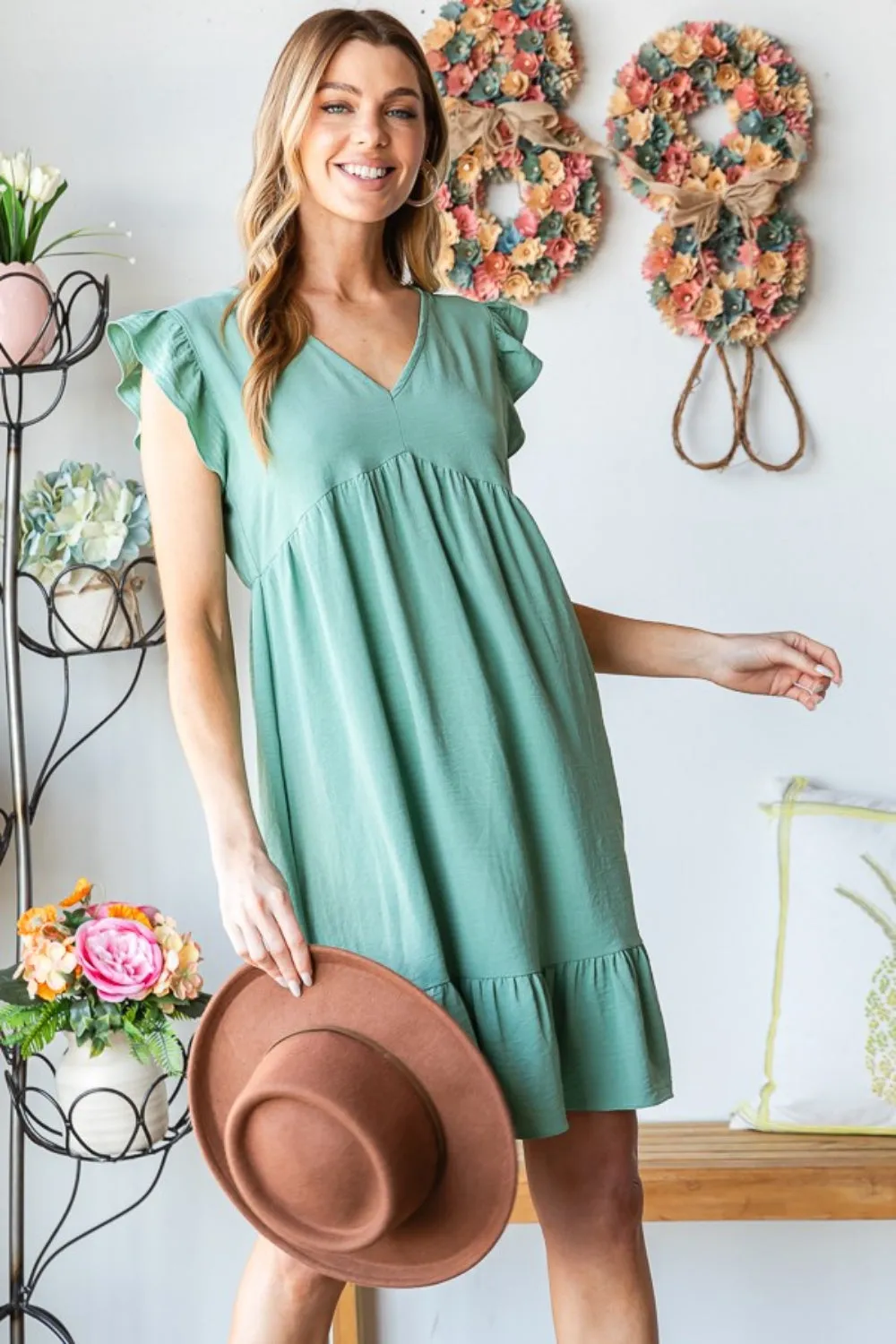 Dusty Sage Flutter Sleeve V Neck Ruffle Hem Dress