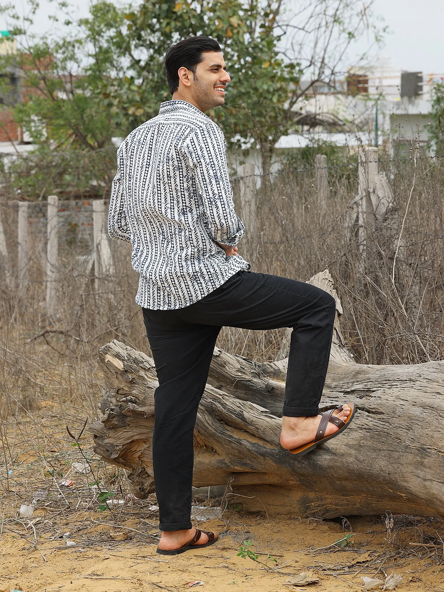 Full Sleeve White Geometrical Line Printed Men's Cotton Shirt