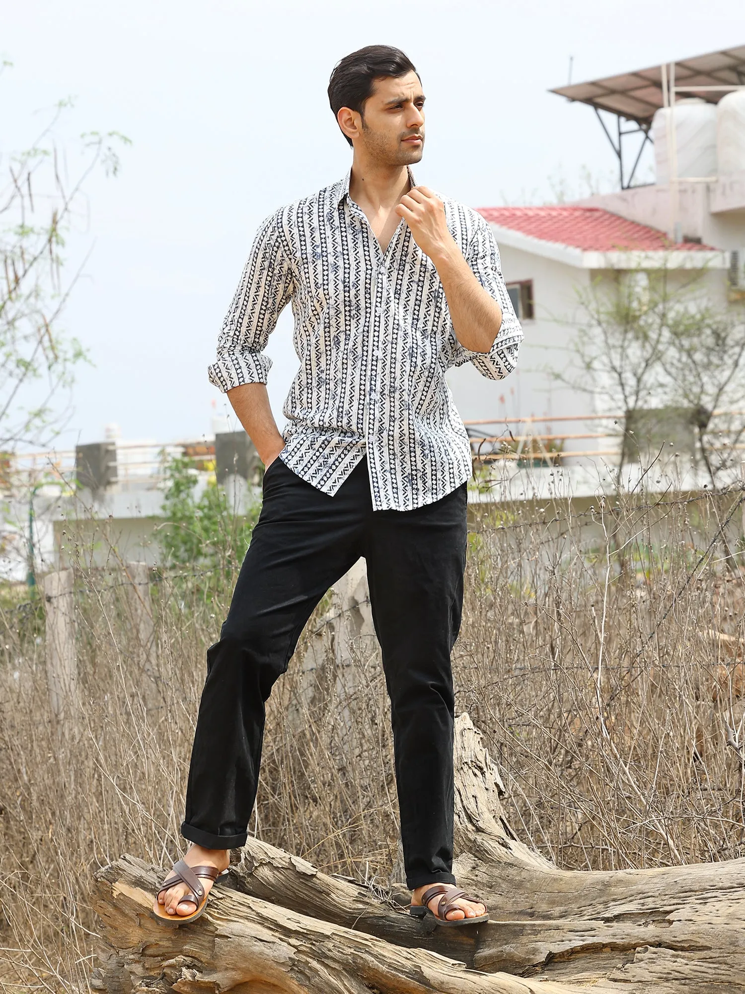 Full Sleeve White Geometrical Line Printed Men's Cotton Shirt
