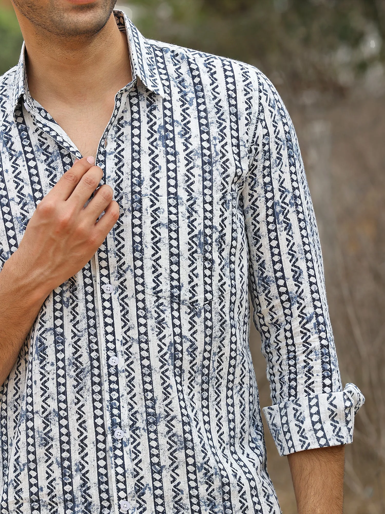 Full Sleeve White Geometrical Line Printed Men's Cotton Shirt