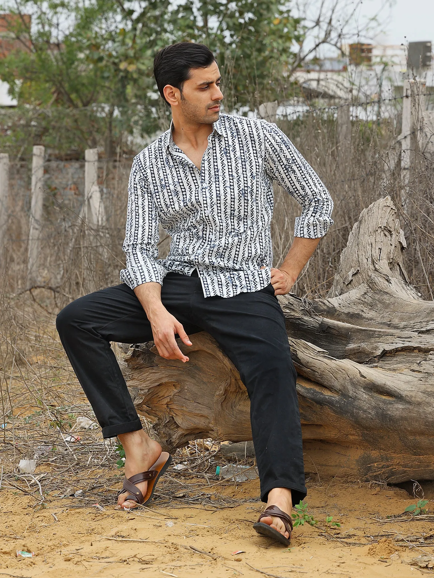 Full Sleeve White Geometrical Line Printed Men's Cotton Shirt