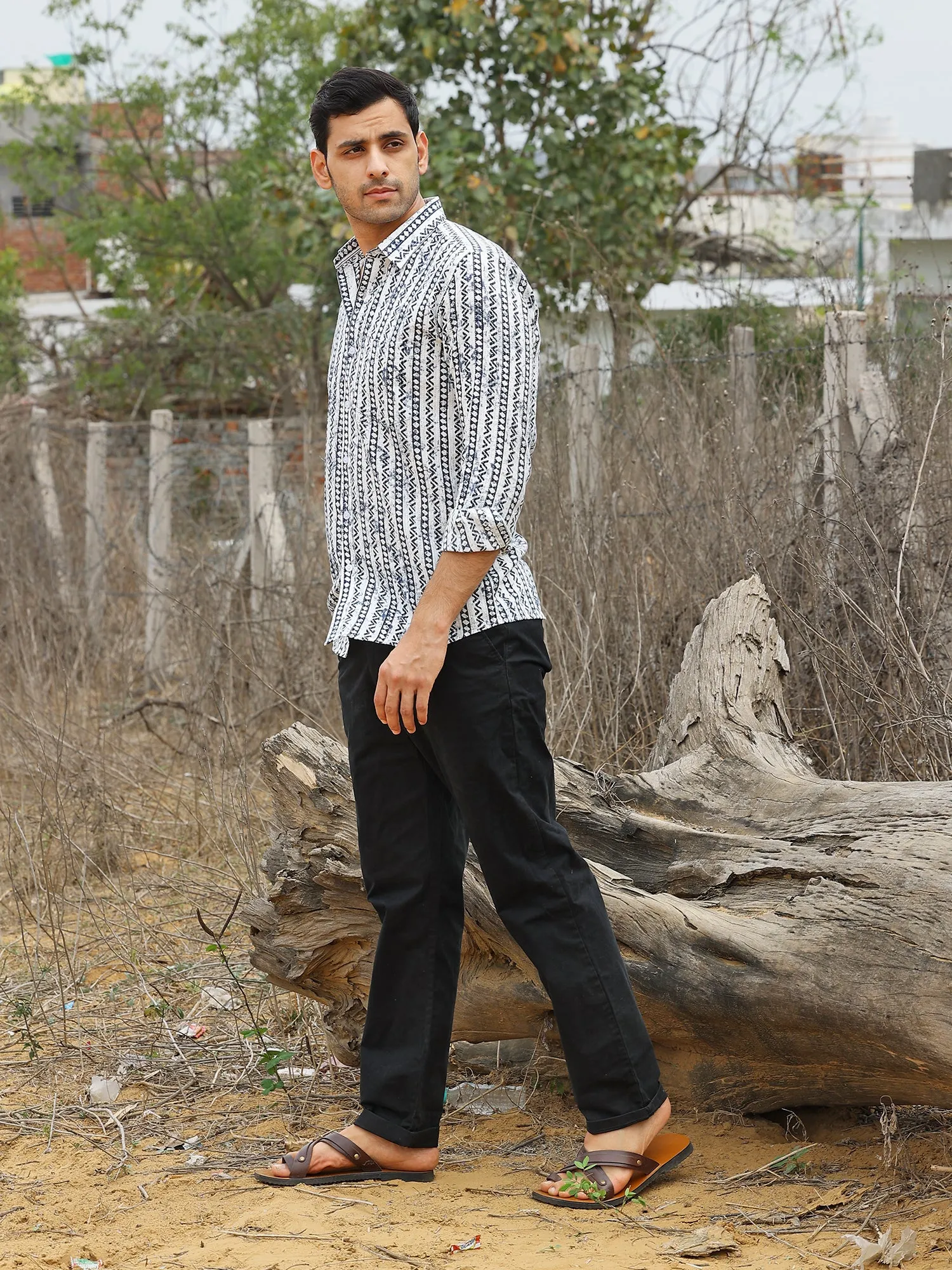 Full Sleeve White Geometrical Line Printed Men's Cotton Shirt
