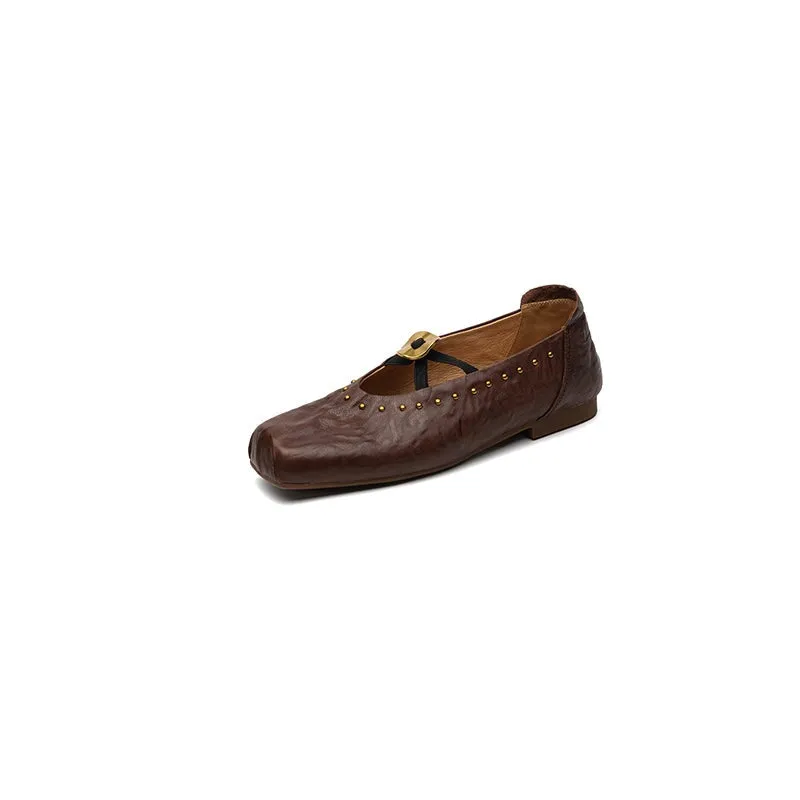 Handmade Leather Mary Jane Shoes Cross Strap Ballet Flats in Yellow/Black/Brown