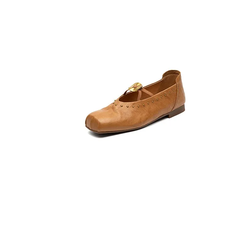 Handmade Leather Mary Jane Shoes Cross Strap Ballet Flats in Yellow/Black/Brown