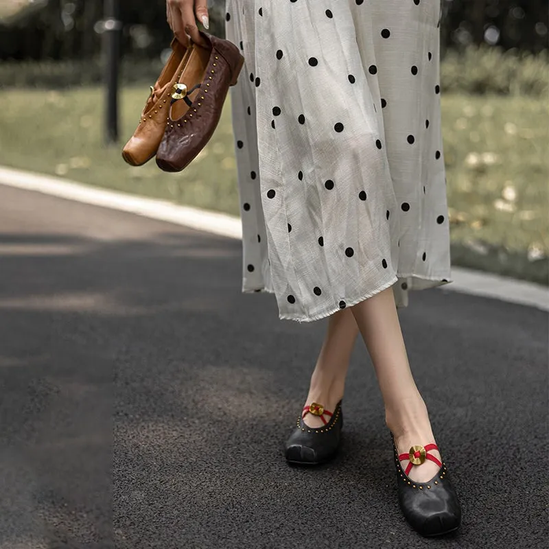 Handmade Leather Mary Jane Shoes Cross Strap Ballet Flats in Yellow/Black/Brown