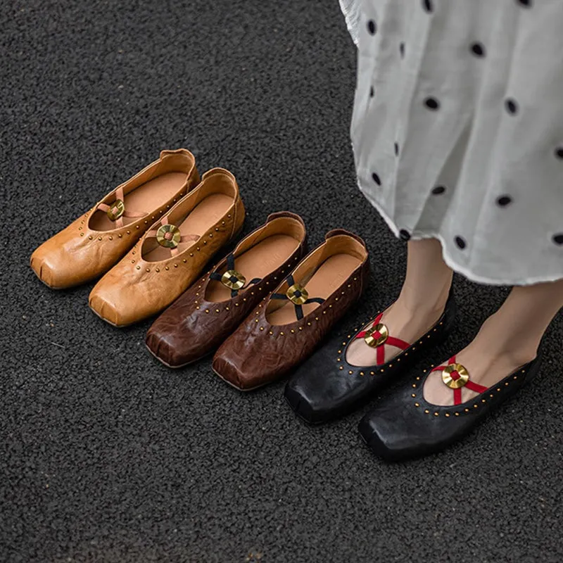 Handmade Leather Mary Jane Shoes Cross Strap Ballet Flats in Yellow/Black/Brown