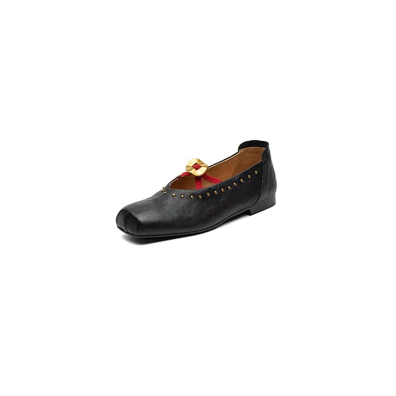 Handmade Leather Mary Jane Shoes Cross Strap Ballet Flats in Yellow/Black/Brown