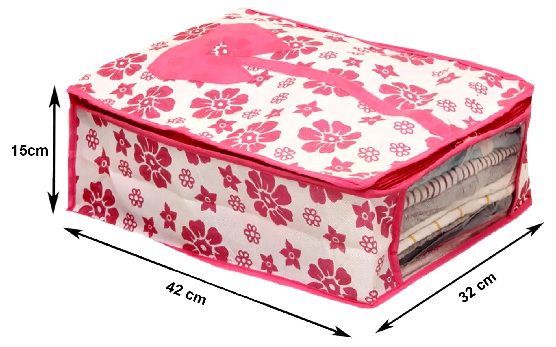 Heart Home Flower Printed Foldable Non-Woven Shirt T-shirt Trousers Jeans Organizer With Clear Window- Pack of 2 (Pink) -HS43HEARTH26186