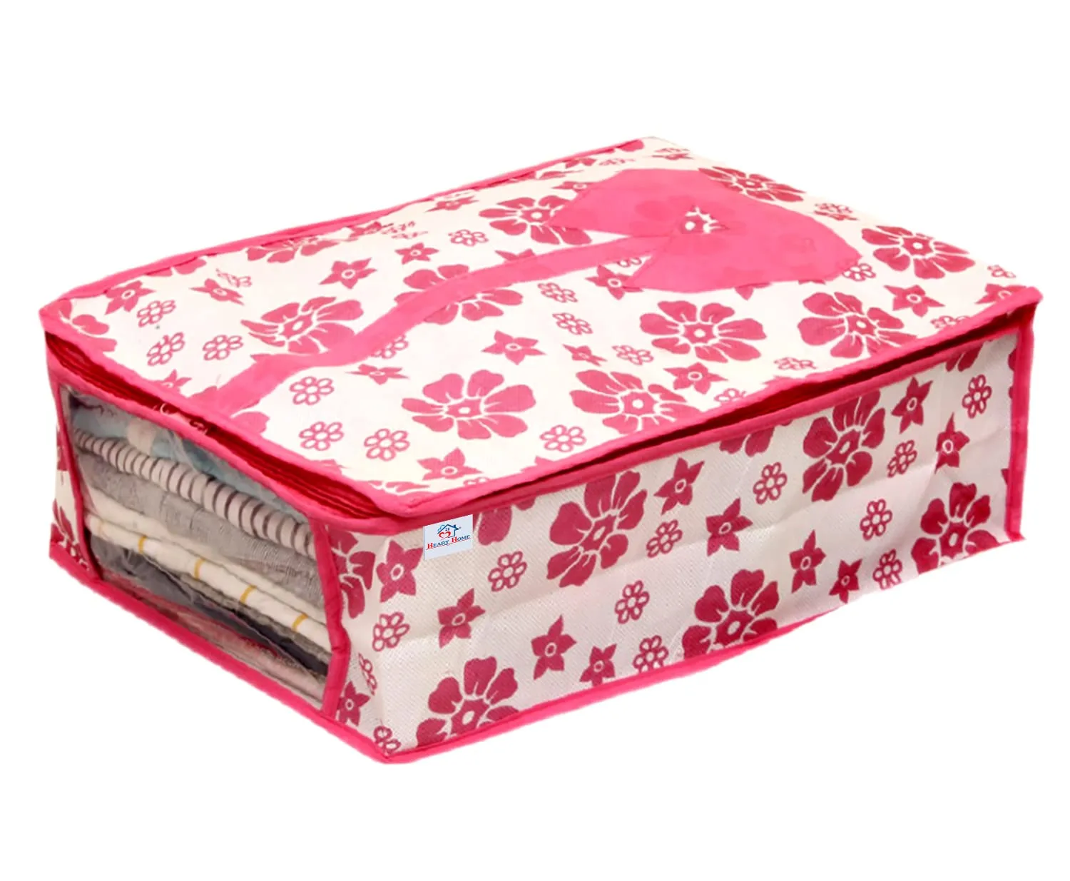 Heart Home Flower Printed Foldable Non-Woven Shirt T-shirt Trousers Jeans Organizer With Clear Window- Pack of 2 (Pink) -HS43HEARTH26186