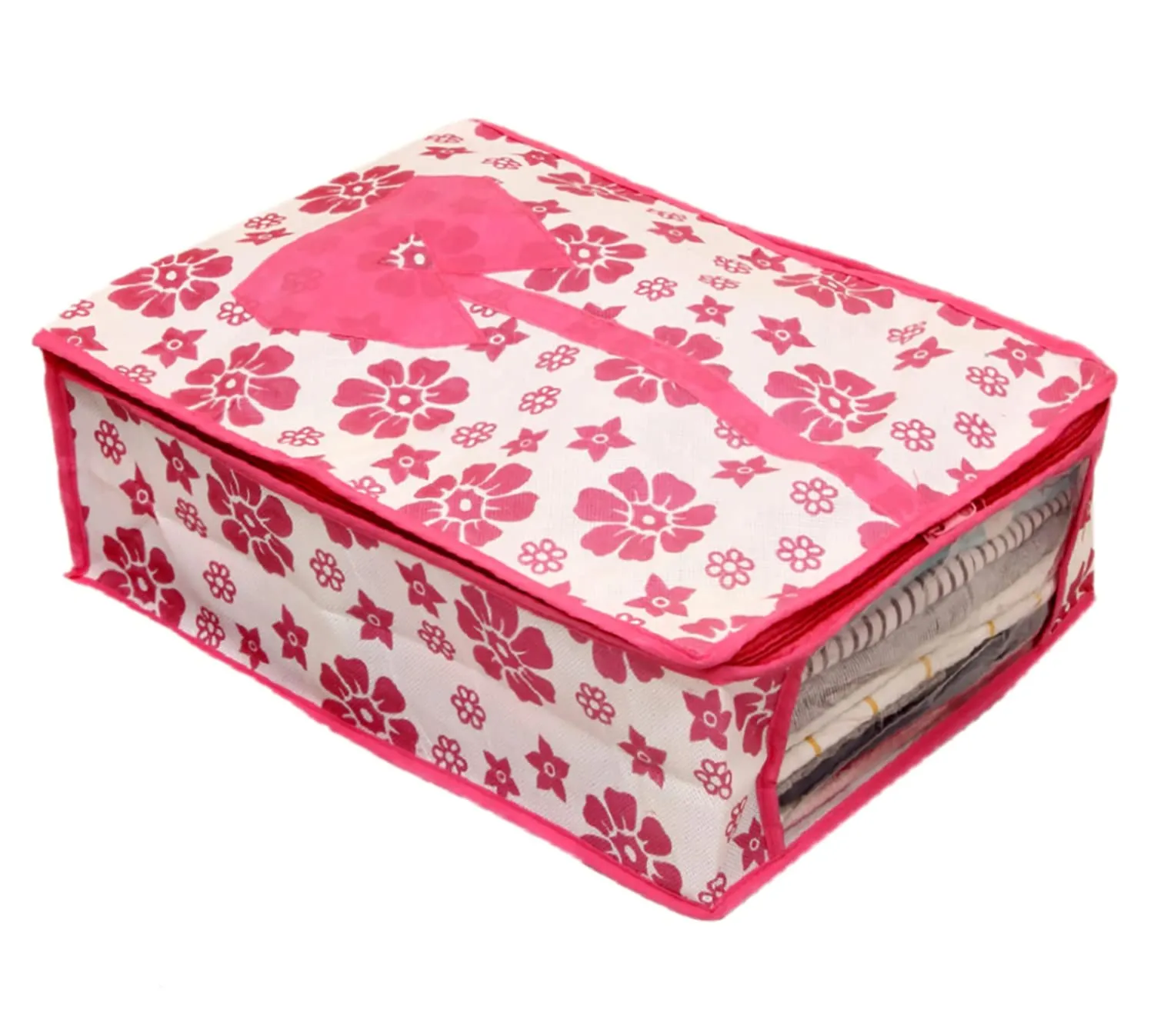 Heart Home Flower Printed Foldable Non-Woven Shirt T-shirt Trousers Jeans Organizer With Clear Window- Pack of 2 (Pink) -HS43HEARTH26186