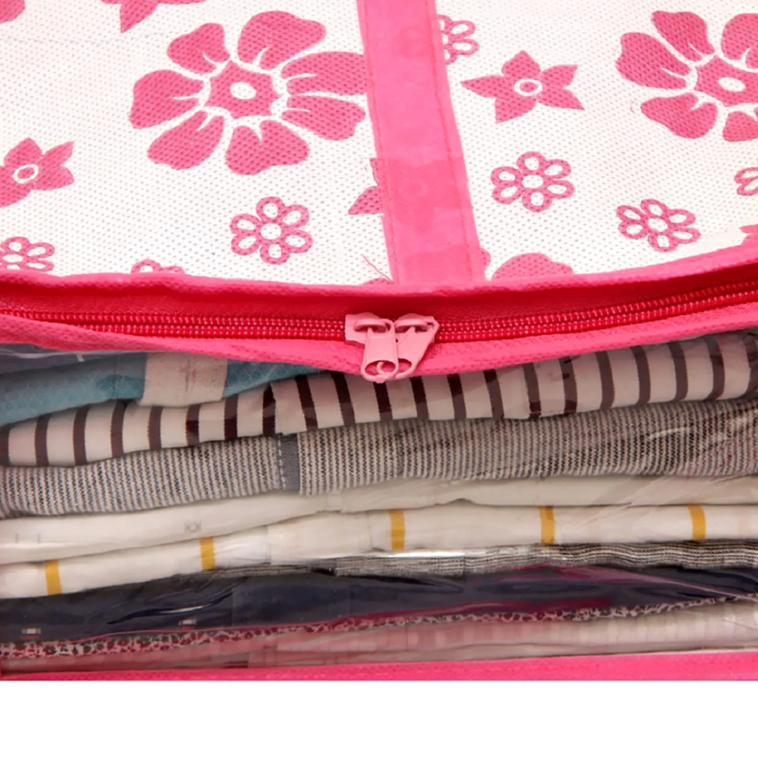 Heart Home Flower Printed Foldable Non-Woven Shirt T-shirt Trousers Jeans Organizer With Clear Window- Pack of 2 (Pink) -HS43HEARTH26186
