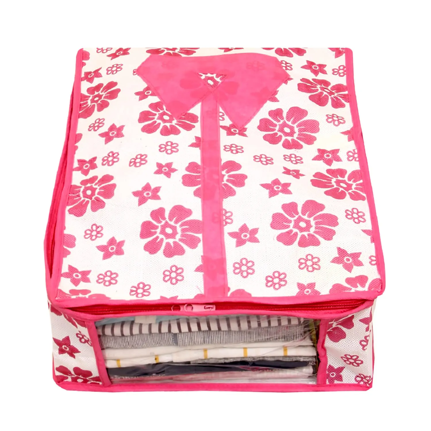 Heart Home Flower Printed Foldable Non-Woven Shirt T-shirt Trousers Jeans Organizer With Clear Window- Pack of 2 (Pink) -HS43HEARTH26186