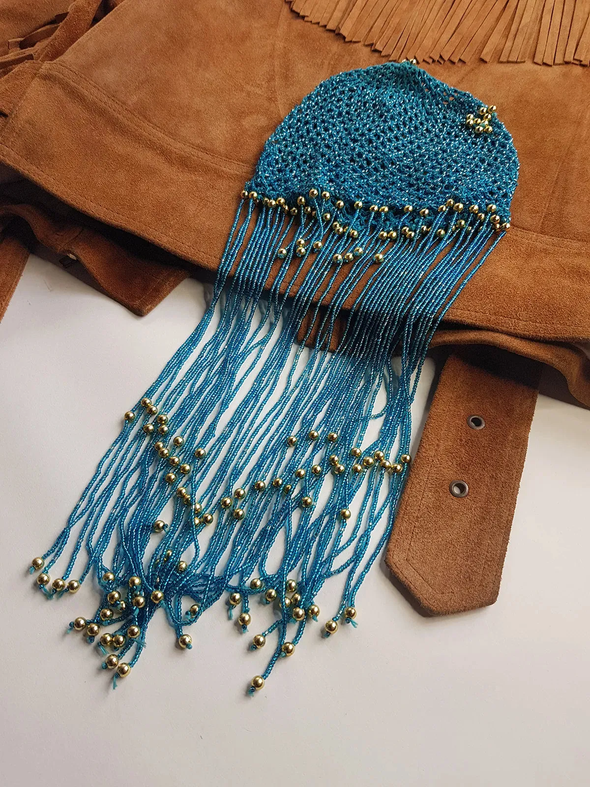 Iconic 1970s Handmade Crochet Beaded - Tasseled - Party Hairpiece Beanie - Studio 54 - Blue Crochet & Gold Beading