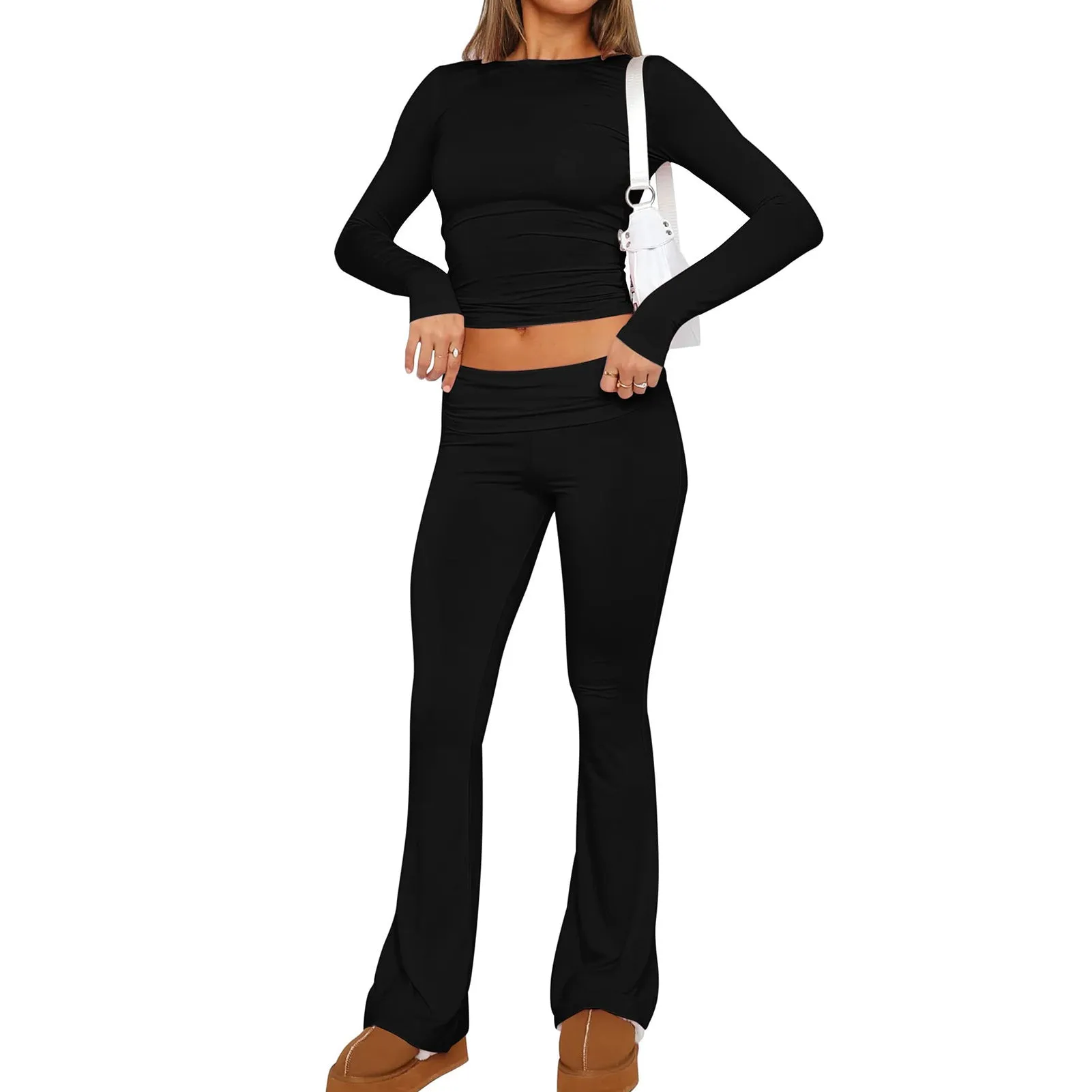 Joskaa college outfits 2024 New Fashion Solid Color Comfortable Slim Slimming Low Waist Flared Pants Suit