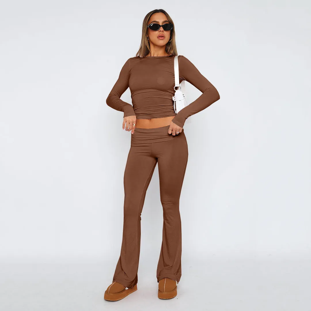 Joskaa college outfits 2024 New Fashion Solid Color Comfortable Slim Slimming Low Waist Flared Pants Suit