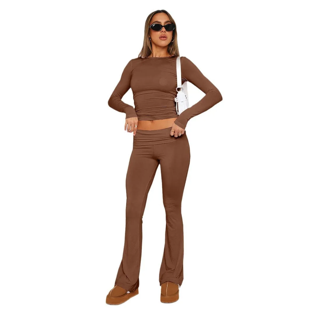 Joskaa college outfits 2024 New Fashion Solid Color Comfortable Slim Slimming Low Waist Flared Pants Suit