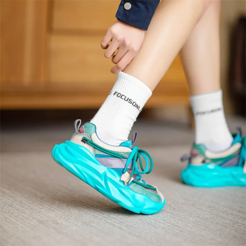 Leather Chunky Sneakers for Women Low-top Lace Up Contrast Color in Yellow/Green