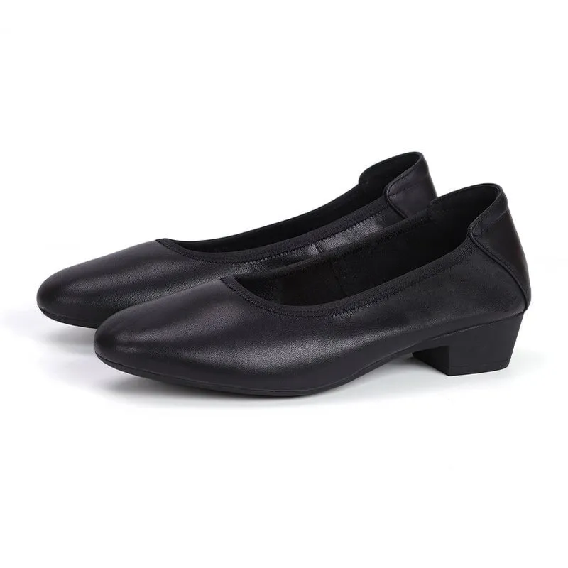 Leather Round Toe Block Heeled Slip-On Pumps Office Shoes in Black/Khaki